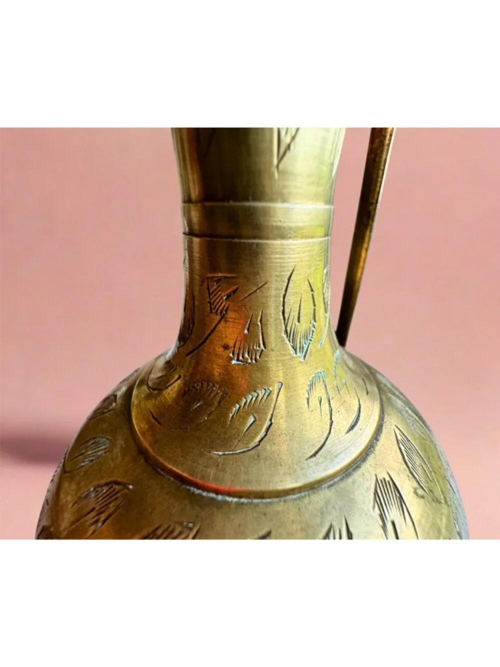 Vintage Hand Engraved Brass Ewer Pitcher Etched Floral Decorative Vase 10.25